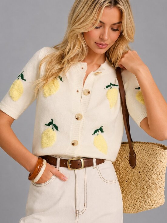 Sweaters - Women’s Beige Lemon Embroidered Knit Button Front Short Sleeve Cardigan Top